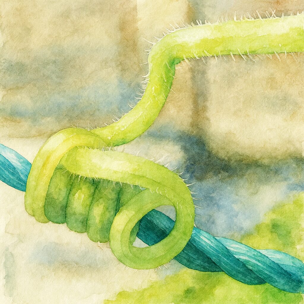 支柱に巻き付くヘチマのつるを柔らかいタッチで描いた水彩画風イラスト