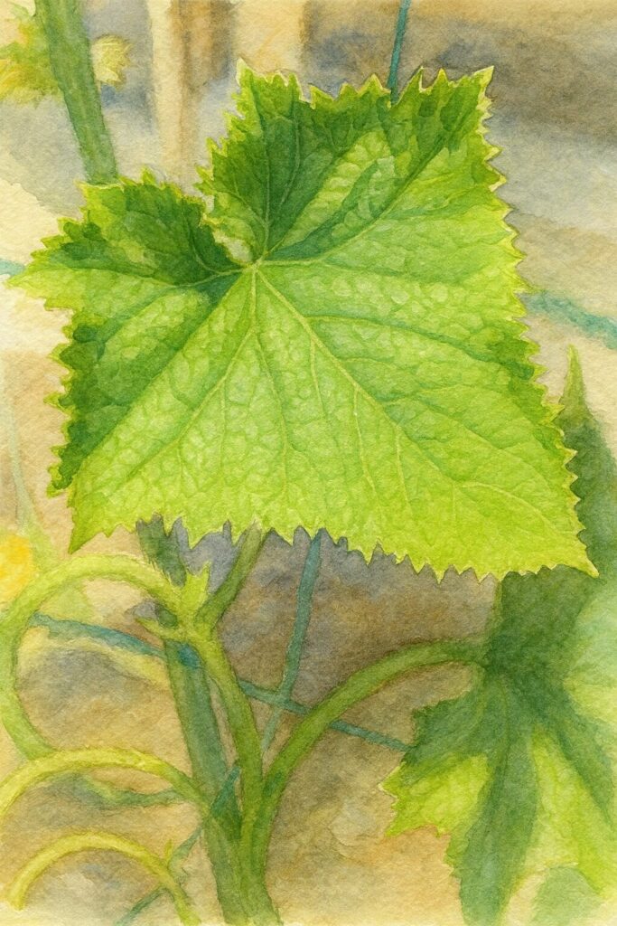 ギザギザした縁のヘチマの大きな葉を柔らかい筆致で描いた水彩画風イラスト
