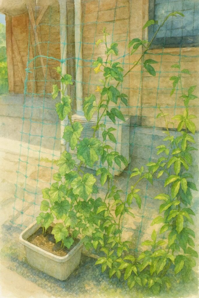 プランターで育つヘチマのグリーンカーテンを柔らかい色合いで描いた水彩画風イラスト