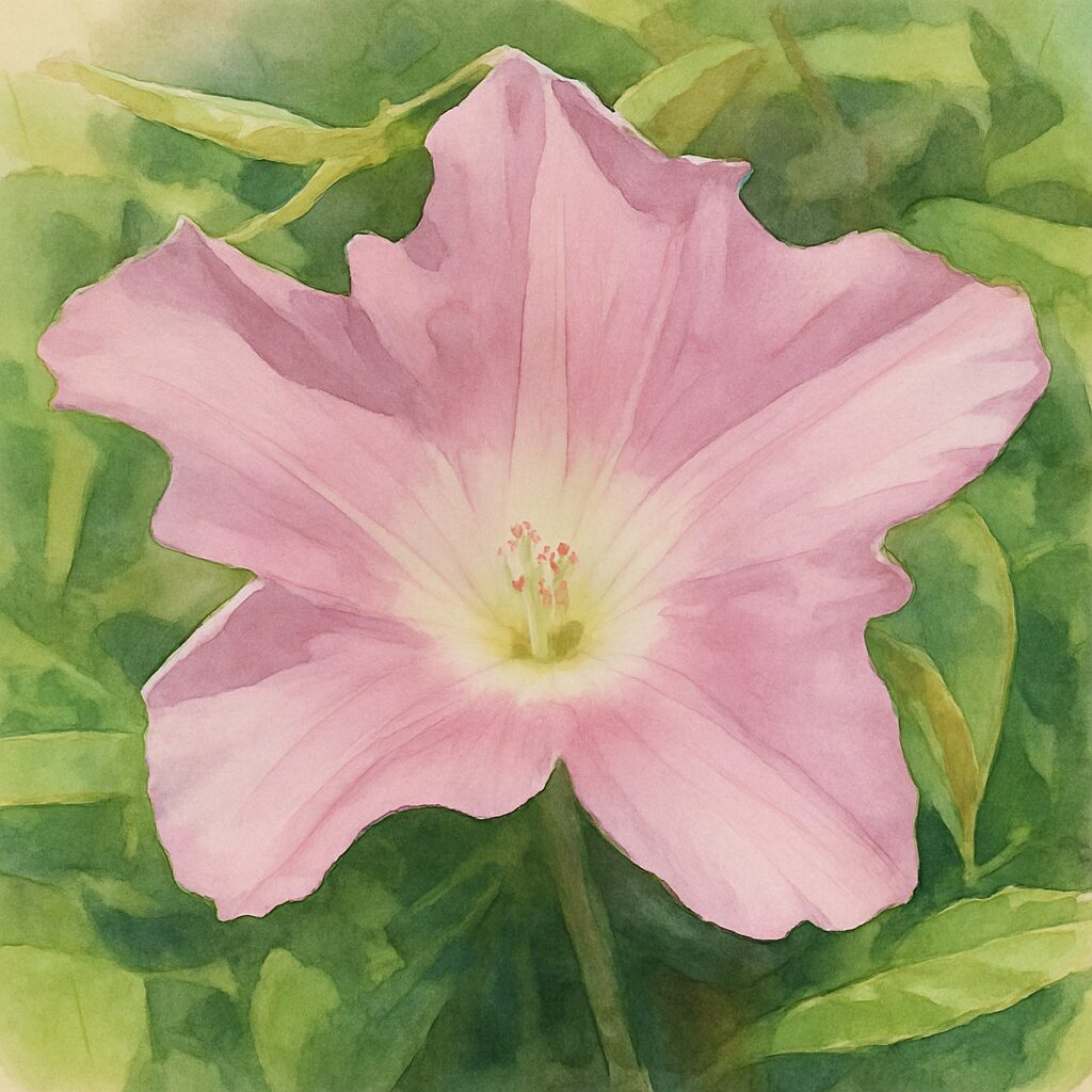 夏の草むらに咲くピンク色のヒルガオを水彩画風に描いたプロレベルの植物イラスト