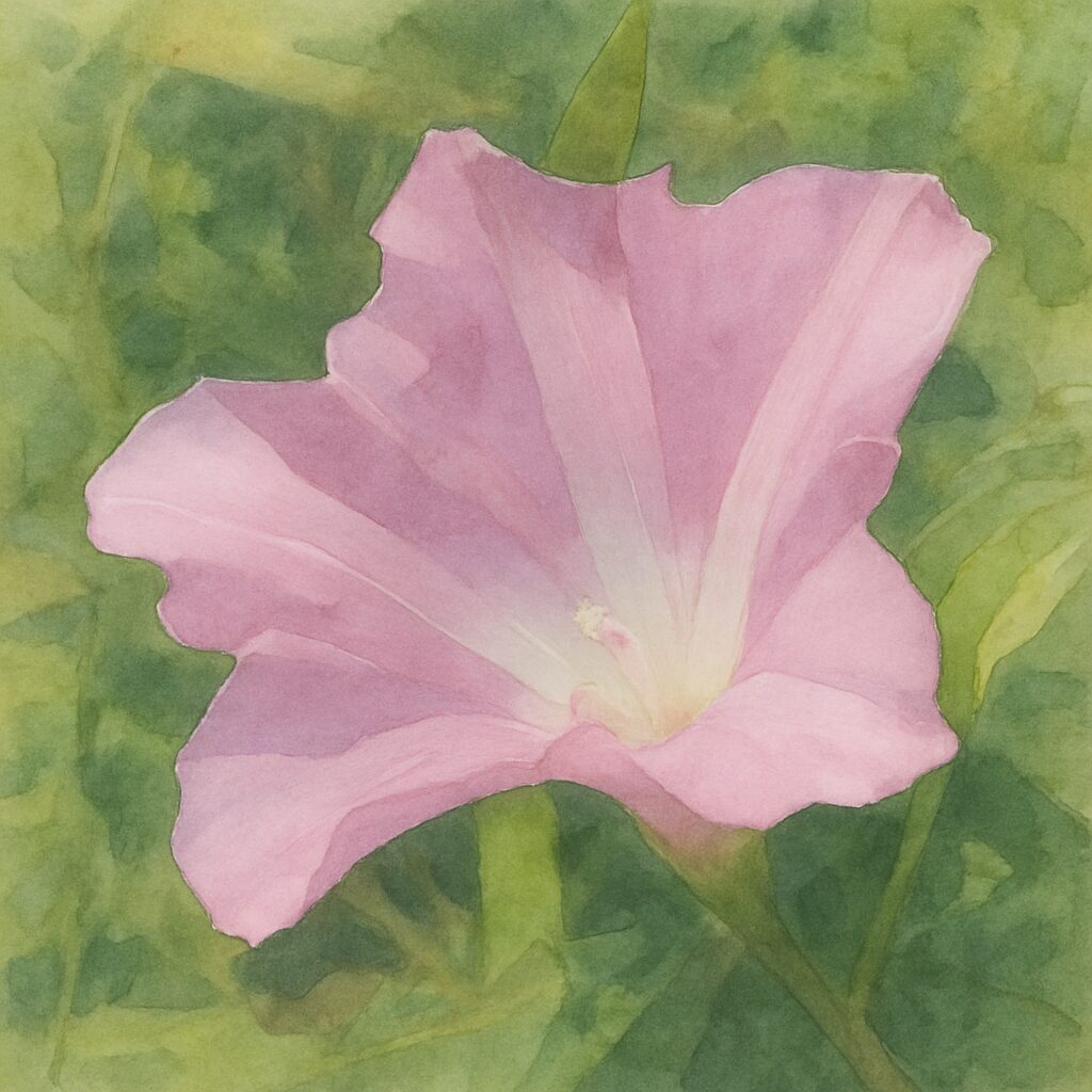 夏の草むらに咲くピンク色のヒルガオを柔らかなタッチで描いた水彩画風植物イラスト