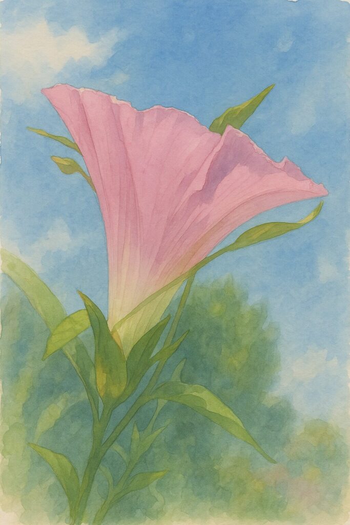 青空を背景に上向きに咲くピンク色のヒルガオを柔らかいタッチで描いた水彩画風の植物イラスト