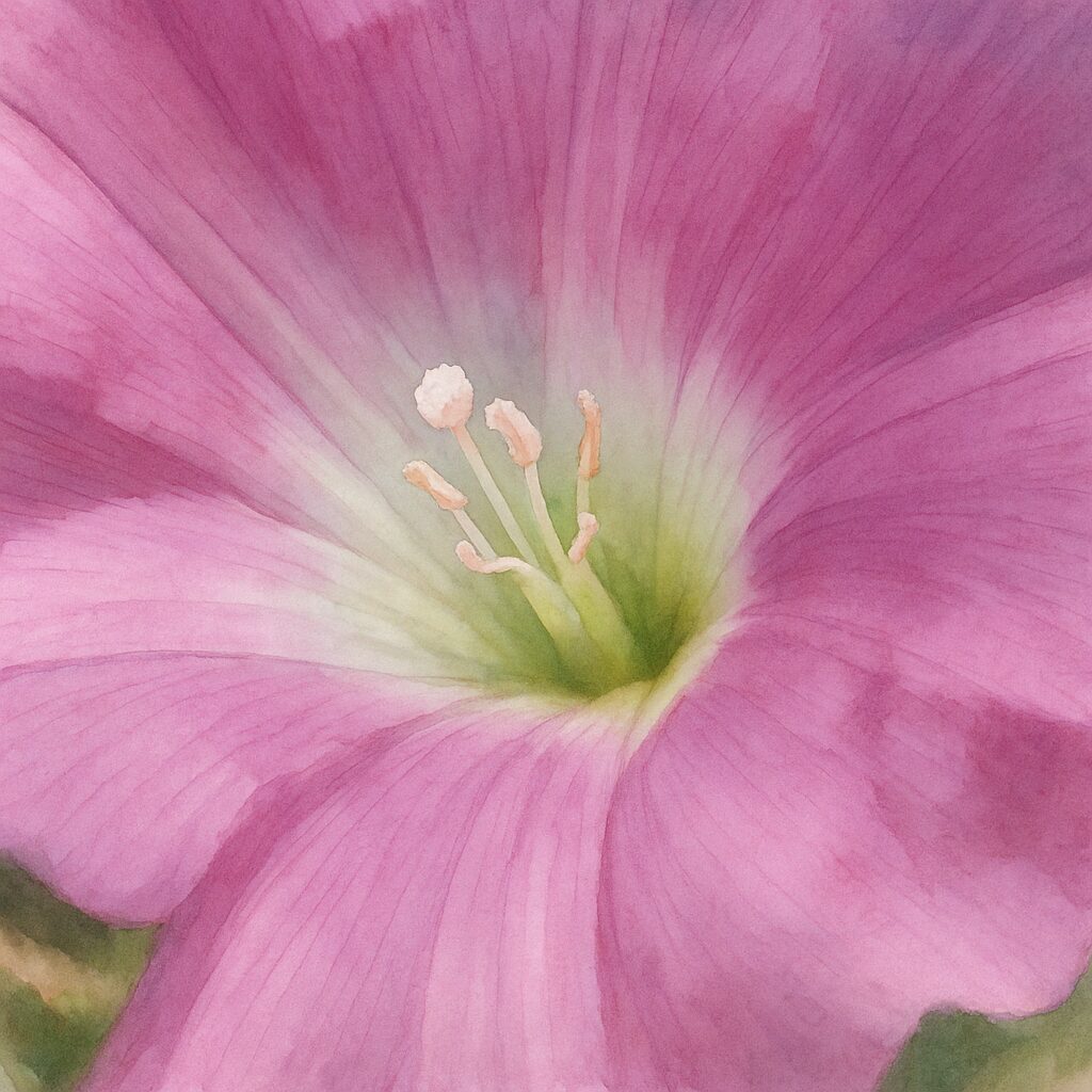 ピンク色のヒルガオの中心部を水彩画風に描いたマクロ構図の植物イラスト