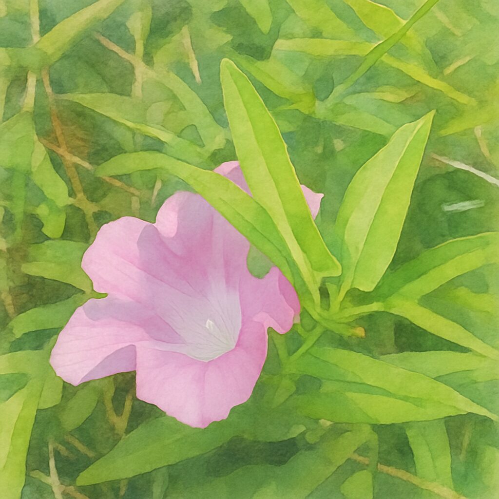 草むらの中で葉に隠れながら咲くピンク色のヒルガオを柔らかいタッチで描いた水彩画風植物イラスト