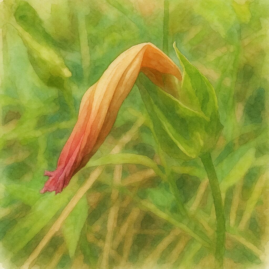 萎れたヒルガオの花を淡い橙色と赤のグラデーションで描いた水彩画風植物イラスト