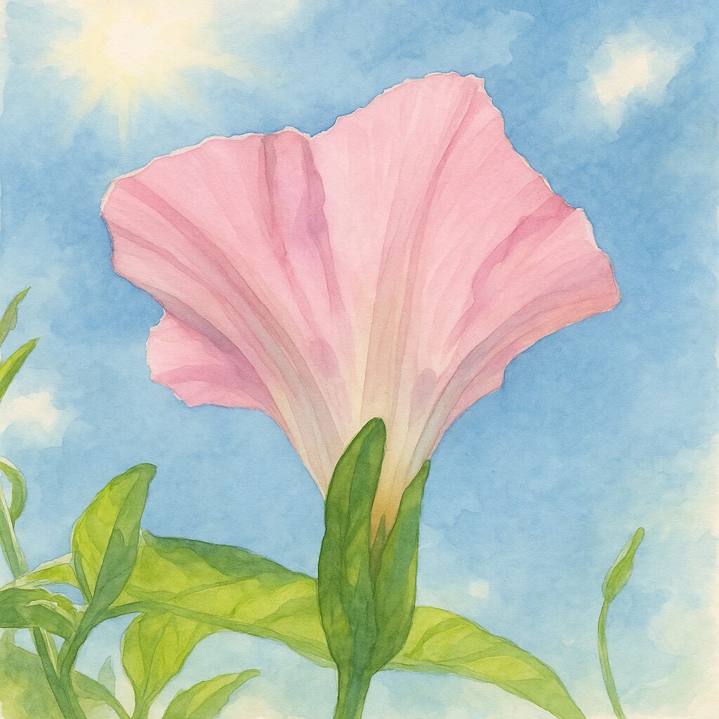 青空と太陽光を背景に透過光で輝くピンク色のヒルガオを下から描いた水彩画風植物イラスト