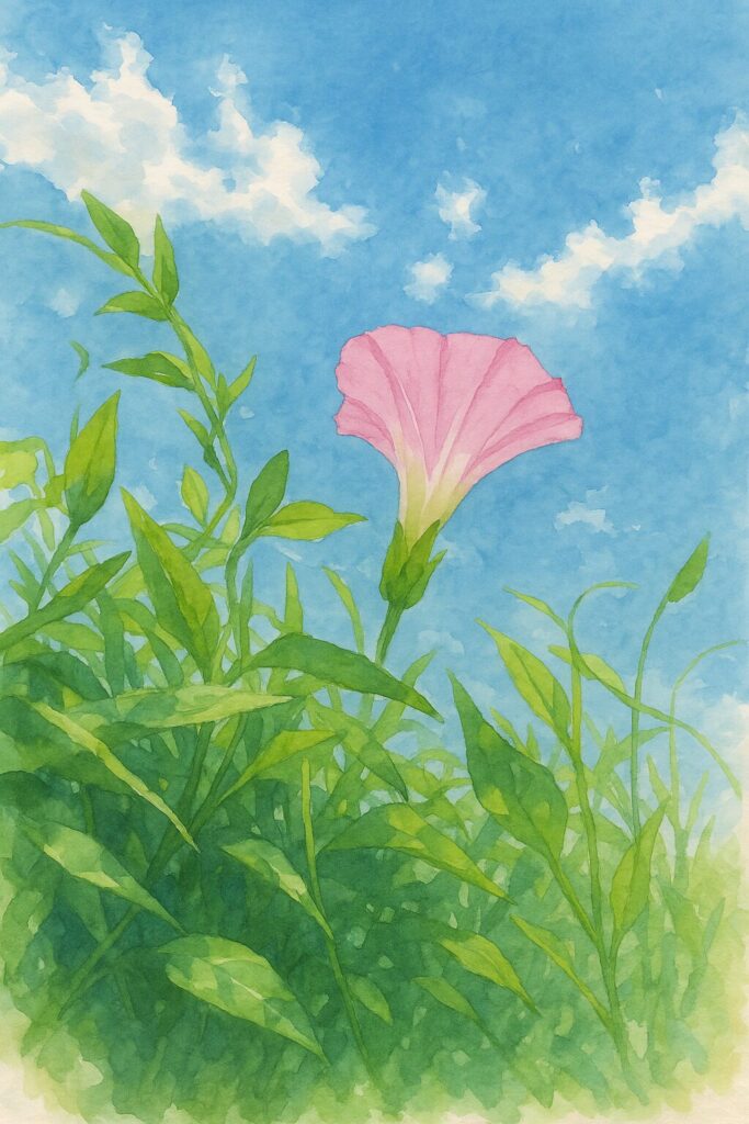 青空と白い雲を背景に草むらから伸びるピンク色のヒルガオを見上げる構図で描いた水彩画風植物イラスト