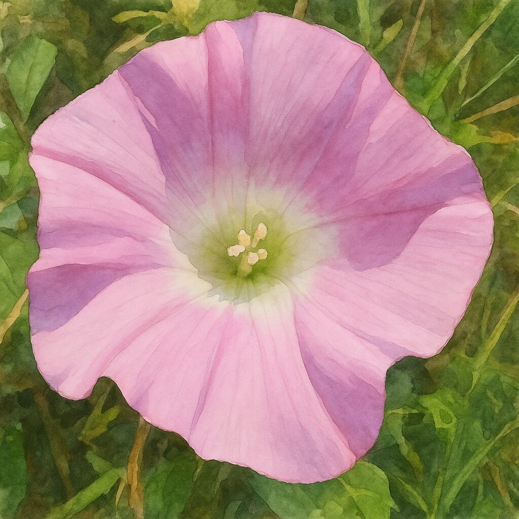 淡いピンク色のヒルガオを真上から描いた柔らかなタッチの水彩画風植物イラスト