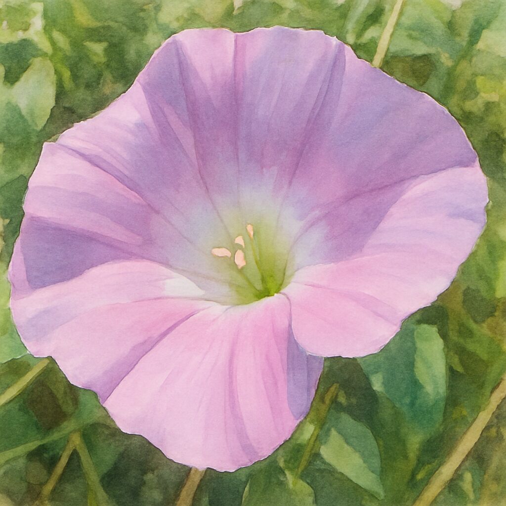 淡いピンク色のヒルガオを斜め上から描いた柔らかなタッチの水彩画風植物イラスト