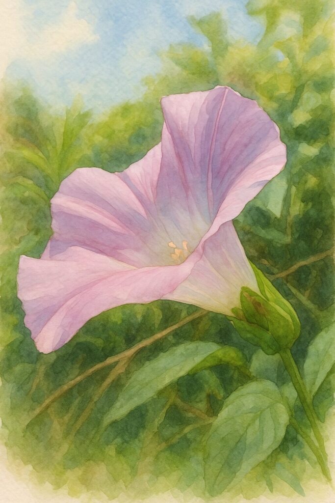淡いピンク色のヒルガオを横から描いた柔らかなタッチの水彩画風植物イラスト