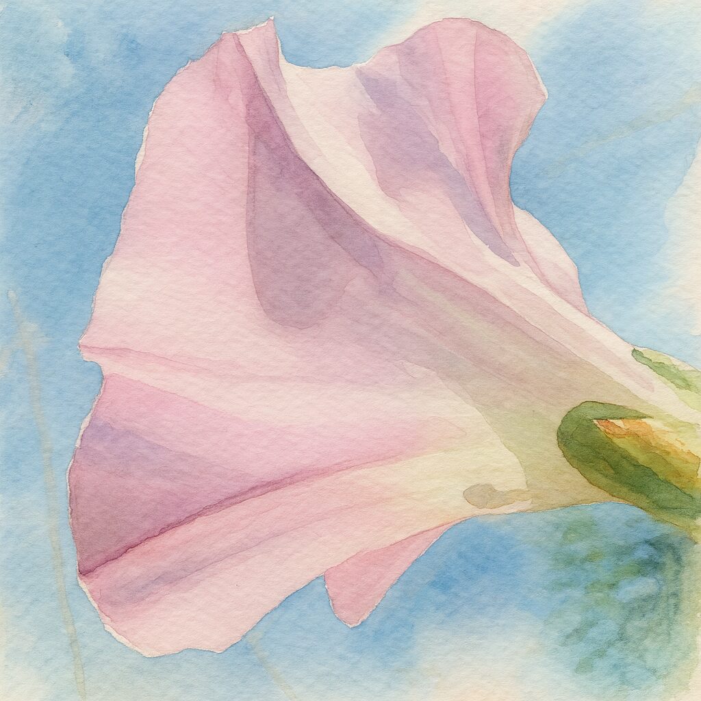 青空を背景に淡いピンク色のヒルガオを下から描いた柔らかなタッチの水彩画風イラスト