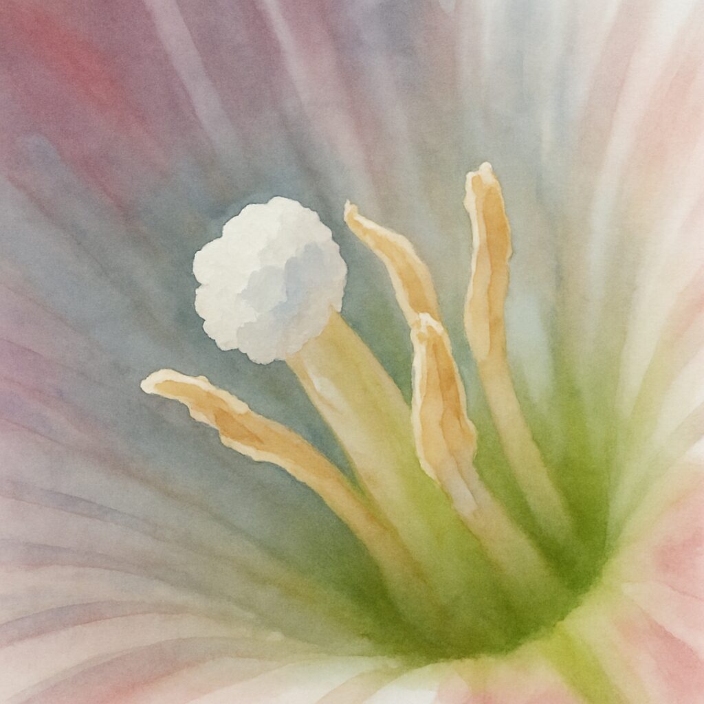 ヒルガオの花の中心部を超接写で描いた精密な水彩画風植物イラスト