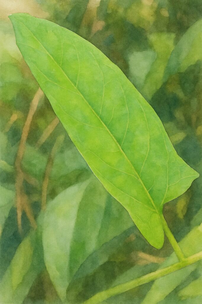 ヒルガオの細長い緑の葉を柔らかなタッチで描いた水彩画風植物イラスト