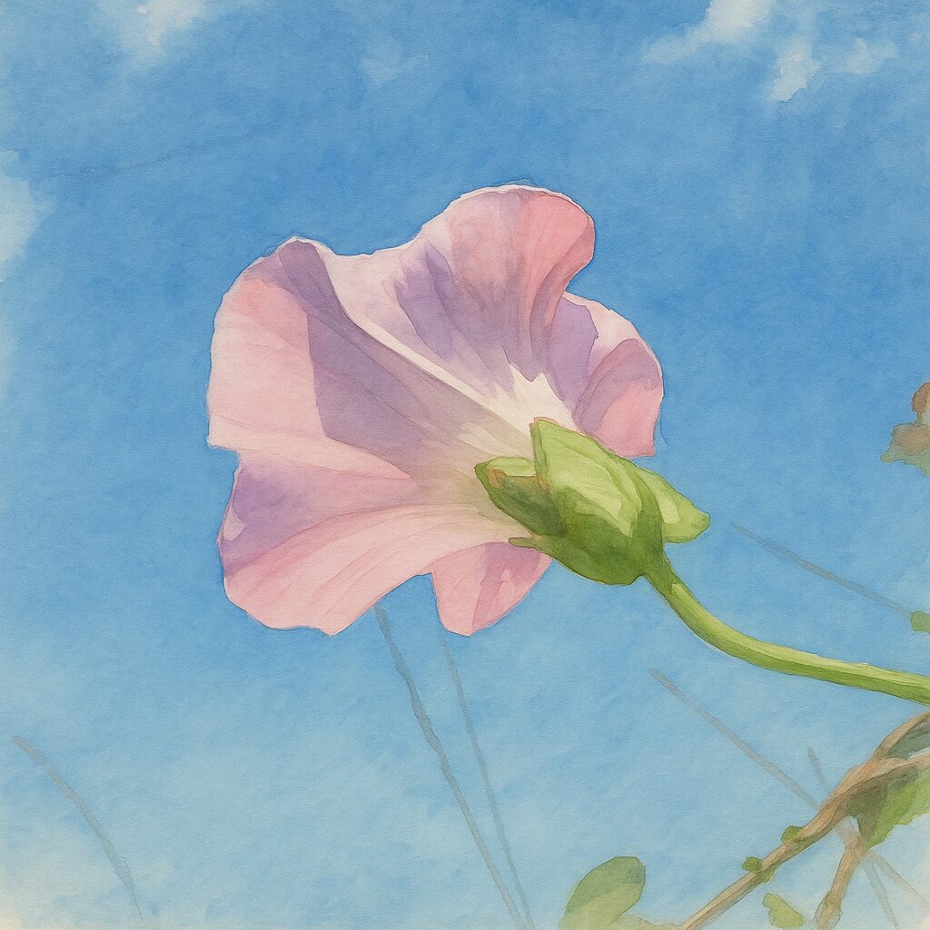 青空を背景に下から見上げる構図で描いたピンク色のヒルガオの水彩画風イラスト