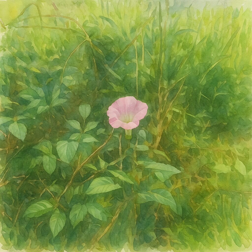草むらに咲く一輪のピンク色のヒルガオを広角構図で描いた水彩画風植物イラスト