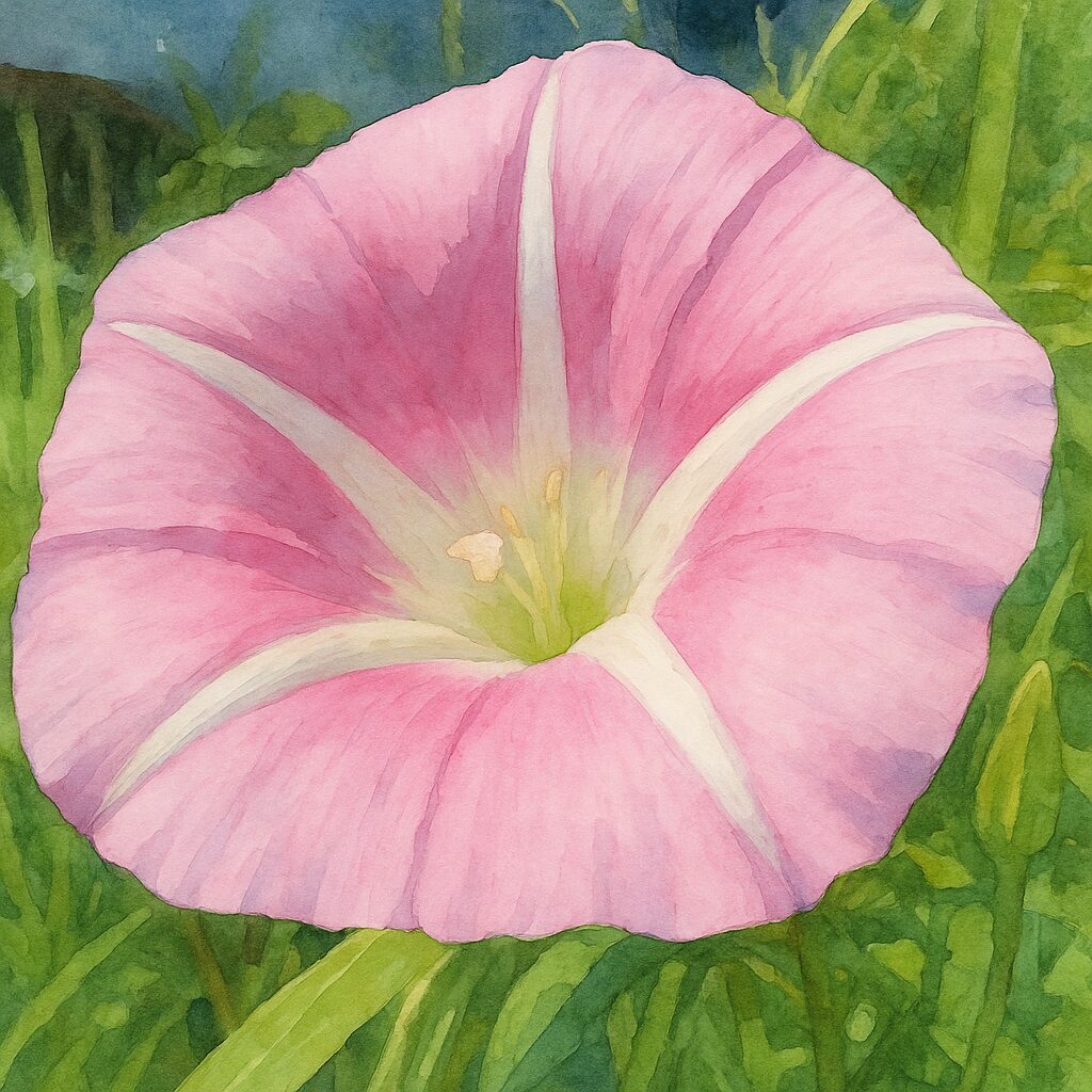 草むらに咲くピンク色のヒルガオの花をアップで描いた水彩画風イラスト