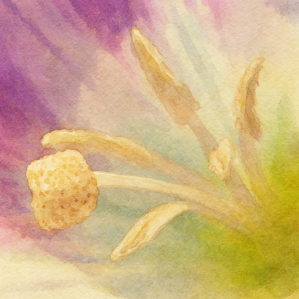 ヒルガオの雄しべを極端な接写構図で描いた水彩画風イラスト。白い花粉の粒感や柔らかなピンクと白の花びらのぼかし表現を繊細に描いた植物イラスト