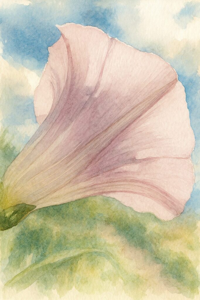 青空を背景に透けるピンク色のヒルガオを下から見上げた構図の水彩画風イラスト