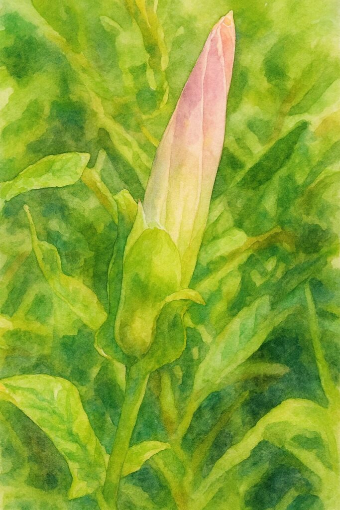 開花前のヒルガオの淡いピンクの蕾をクローズアップで捉えた植物イラスト