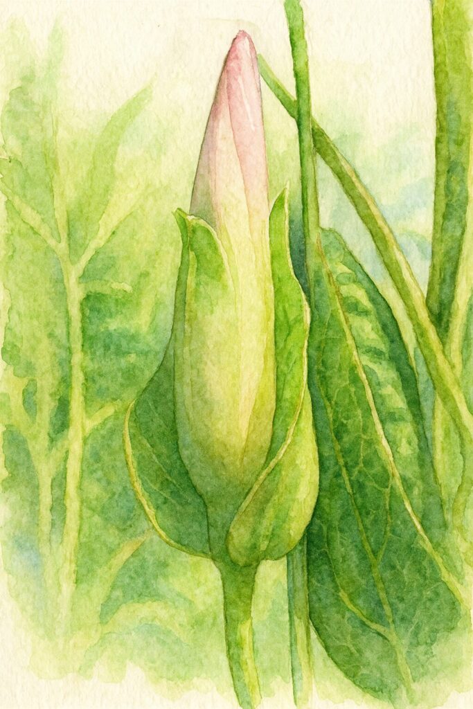 ヒルガオの蕾をアップで撮影した写真と、その構図を再現した水彩画風イラスト