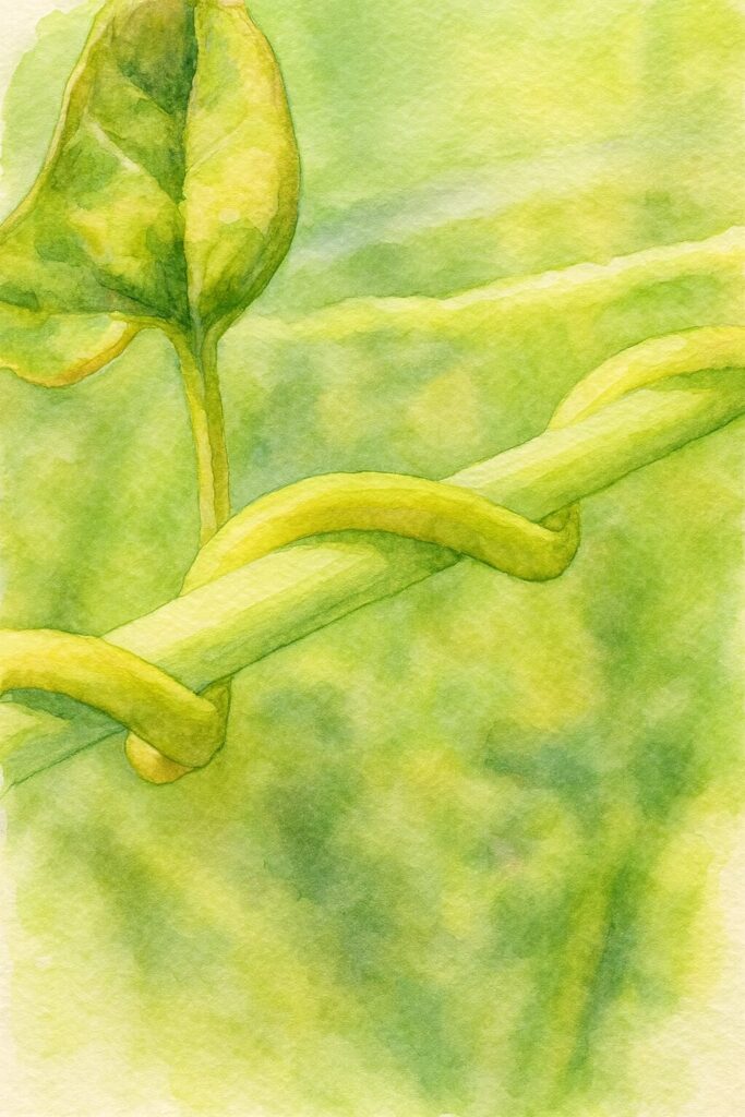 ヒルガオの蔓が茎に巻きつく構図を再現した水彩画風イラスト