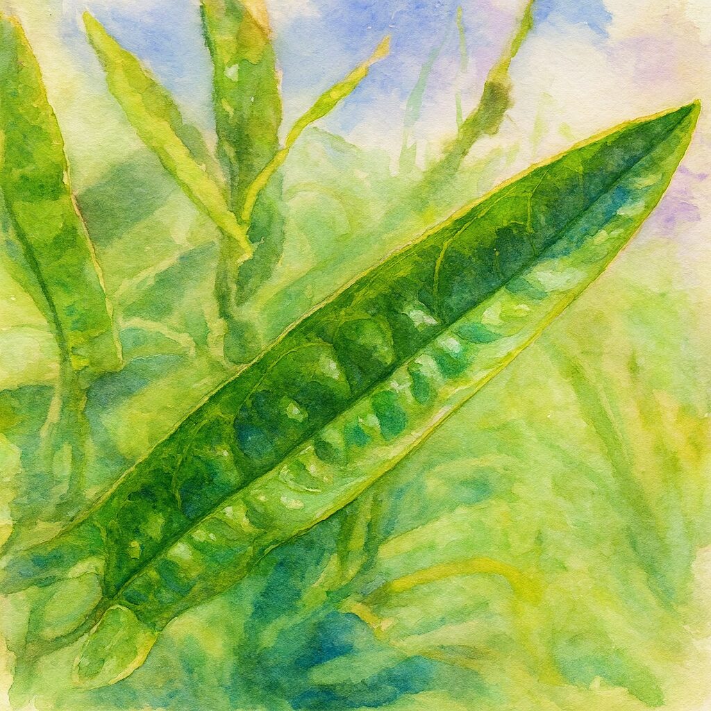 ヒルガオの細長い緑の葉をクローズアップ構図で描いた水彩画風イラスト。葉脈のディテールと光の表現が美しいボタニカルアート