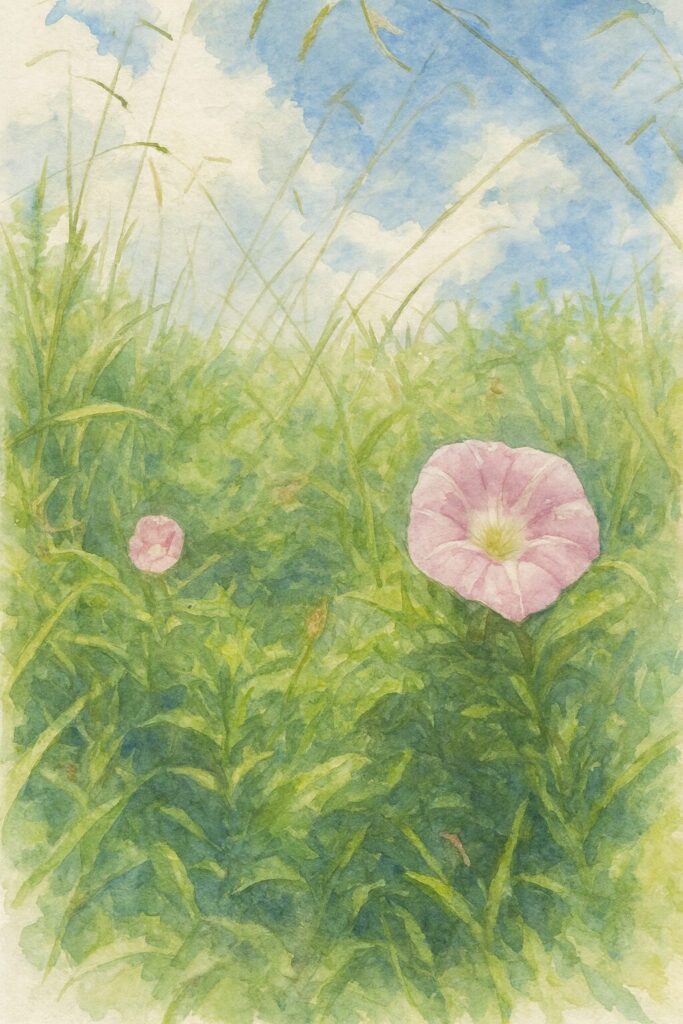 青空と草むらを背景に、2輪のピンク色のヒルガオを広角構図で描いた水彩画風イラスト