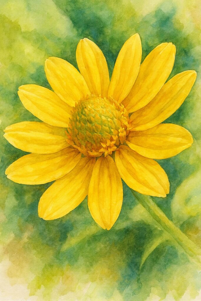 鮮やかな黄色のメランポジウムを柔らかな筆致で描いた水彩画風イラスト|中央の花芯と花びらを美しく表現