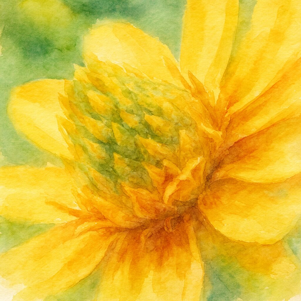 黄色いメランポジウムの花を繊細な筆致で描いた水彩画風イラスト|花芯の立体感と花びらの重なりを柔らかく描写