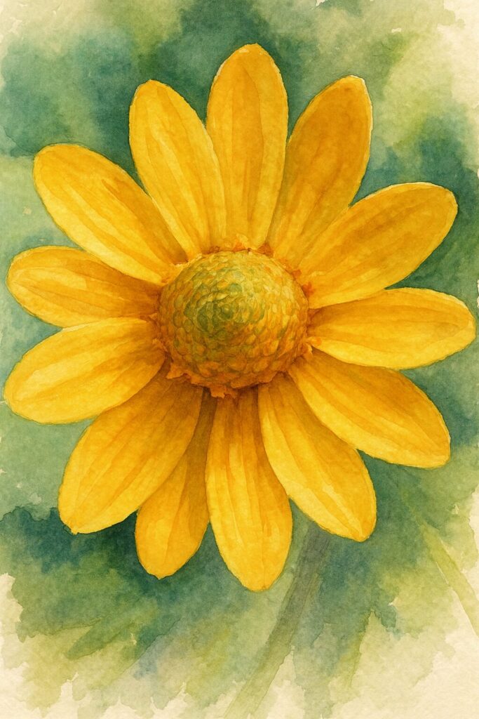 黄色いメランポジウムを真上から描いた水彩画風イラスト|柔らかな筆致で花芯と花びらの質感を表現