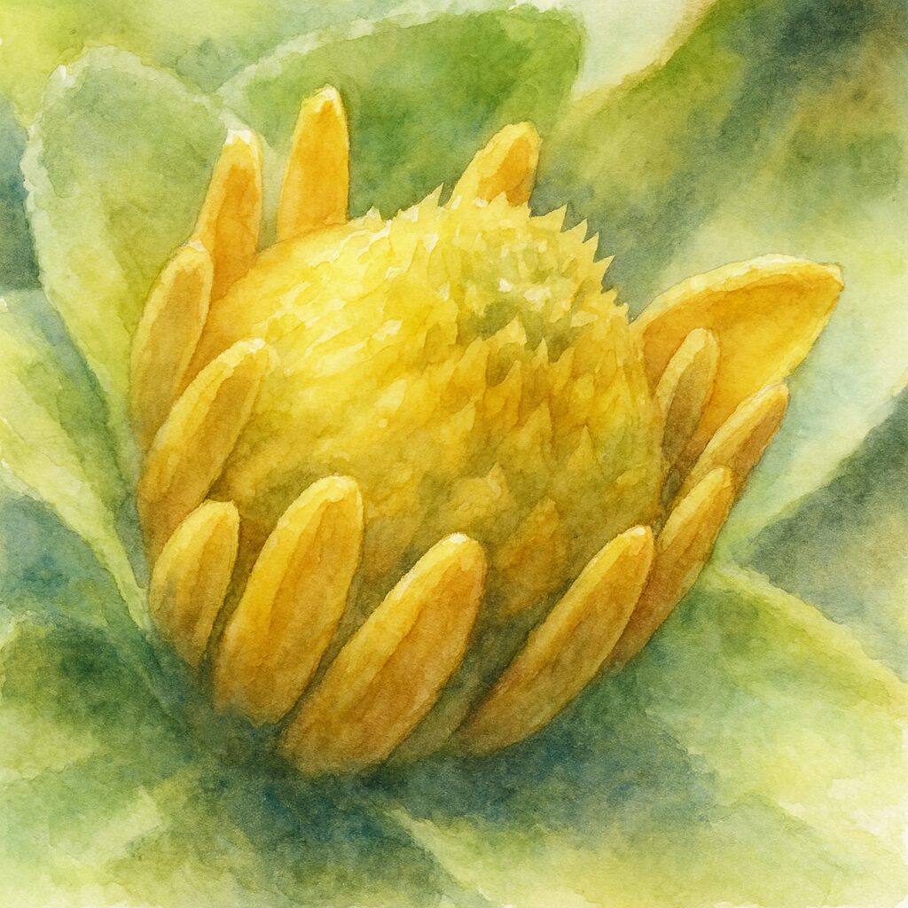 メランポジウムのつぼみを柔らかな筆致で描いた水彩画風イラスト|黄緑色の花芯と立ち上がる花びらを繊細に表現