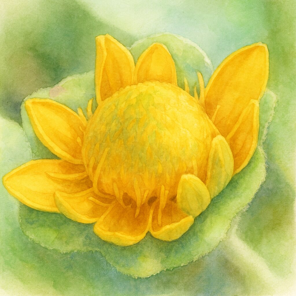 開きかけのメランポジウムを描いた水彩画風イラスト|黄色い花びらと柔らかな花芯を繊細な筆致で表現