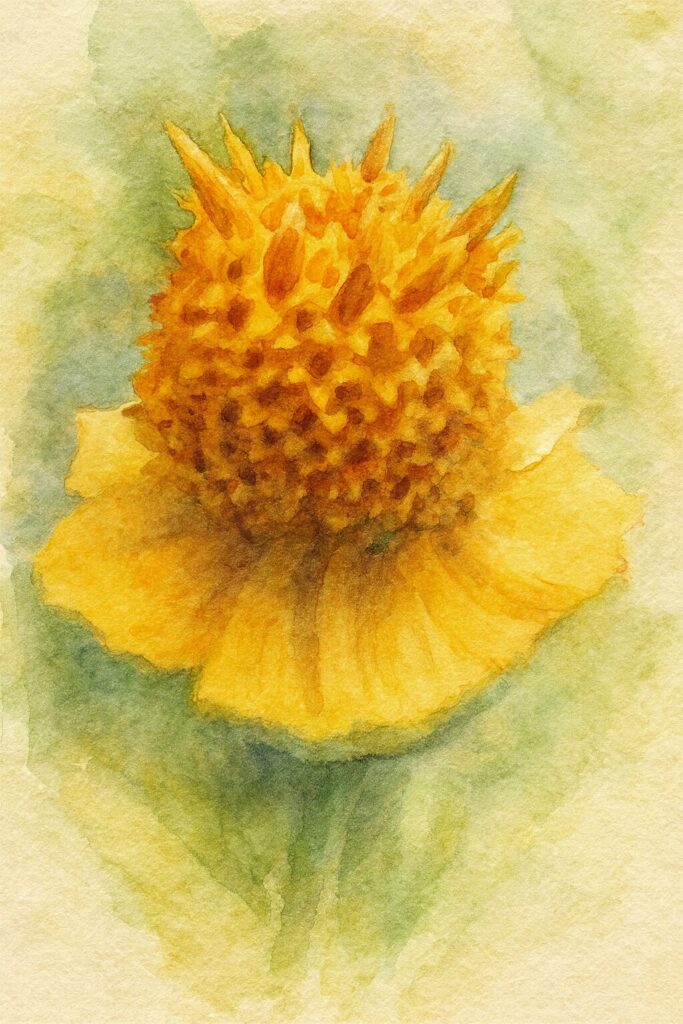 盛り上がった花芯が特徴的なメランポジウムの花を描いた水彩画風イラスト|黄色い筒状花と舌状花の立体感を柔らかく表現