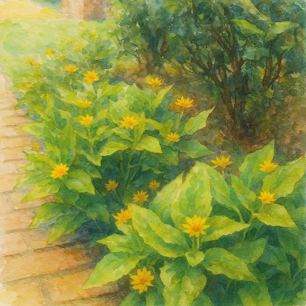 レンガ道の横に咲く黄色いメランポジウムを描いた水彩画風イラスト|群生する花と濃淡のある緑葉を柔らかいタッチで表現