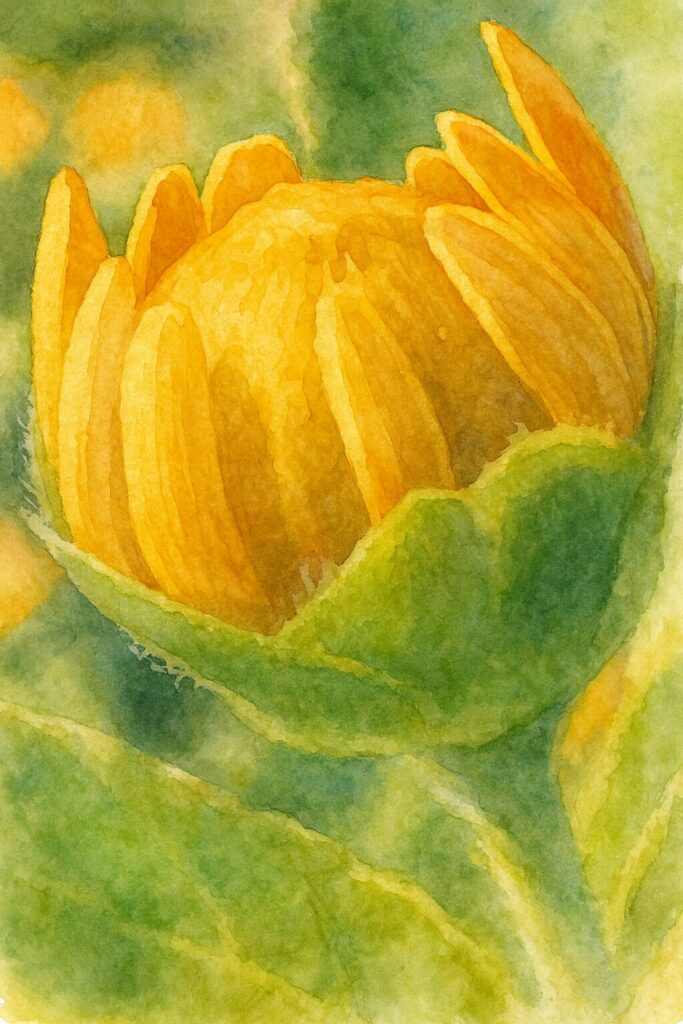 開きかけのメランポジウムのつぼみを描いた水彩画風イラスト|柔らかな色彩で花びらと萼片の質感を表現