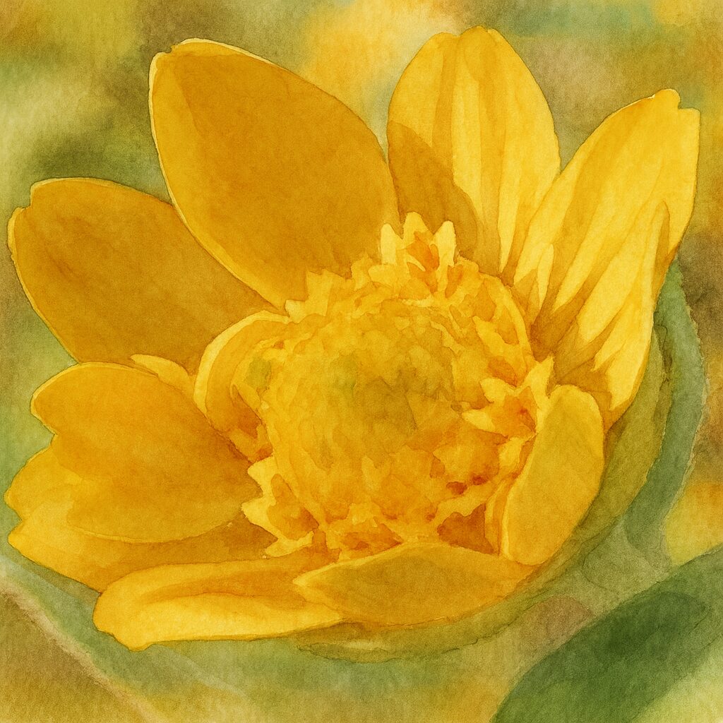 咲き始めのメランポジウムを柔らかく描いた水彩画風イラスト|中央の花芯と花びらの立体感を繊細に表現