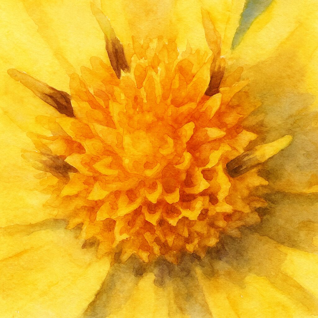 メランポジウムの花芯を鮮やかに描いた水彩画風イラスト|中心部の筒状花の立体感と色彩を柔らかく表現