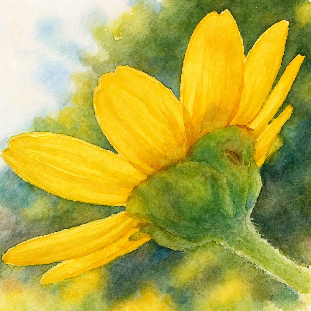 逆光に照らされたメランポジウムの横姿を描いた水彩画風イラスト|透ける花びらと柔らかな背景をやさしい筆致で表現