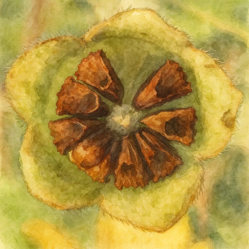 種子が露出したメランポジウムの花後を描いた水彩画風イラスト|萼片と茶色い種子の立体感を柔らかい筆致で表現