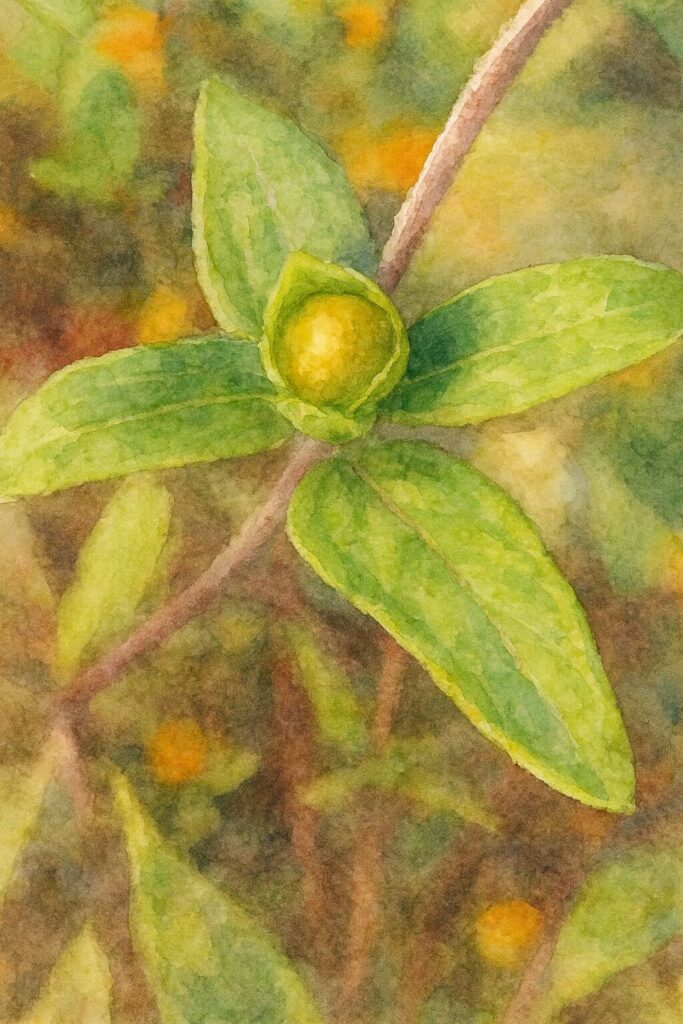 メランポジウムのつぼみと周囲の葉を柔らかい筆致で描いた水彩画風イラスト|成長初期の瑞々しい姿を表現