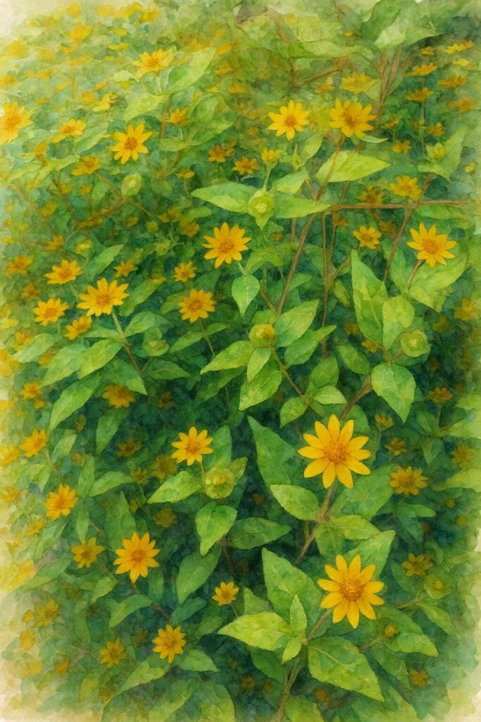 群生するメランポジウムを柔らかな筆致で描いた水彩画風イラスト|黄色い花と青々とした葉が広がる庭の風景