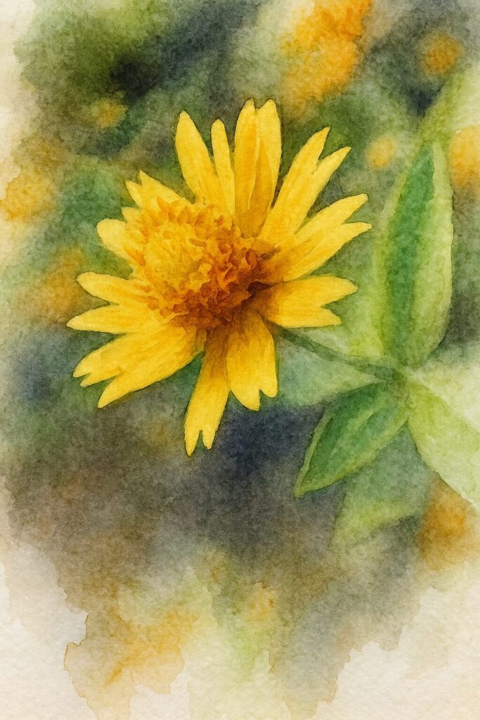 メランポジウムの花を柔らかい筆致で描いた水彩画風イラスト|ボケ感のある背景に鮮やかな花が浮かぶ構図