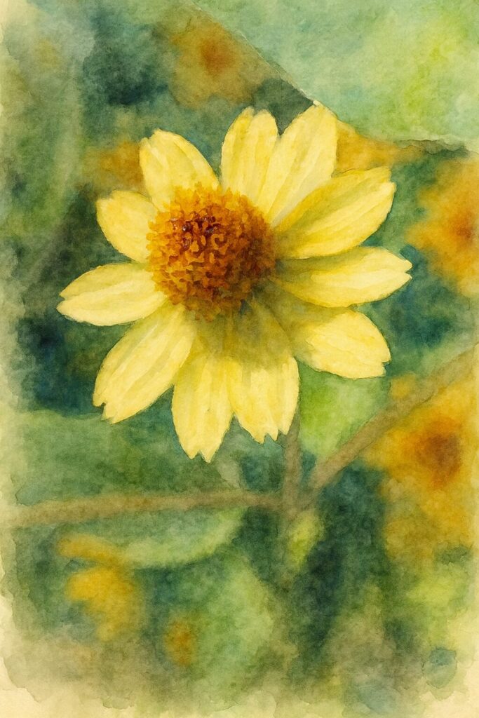 水彩画風に描かれたメランポジウムの黄色い花のイラスト|柔らかなタッチ