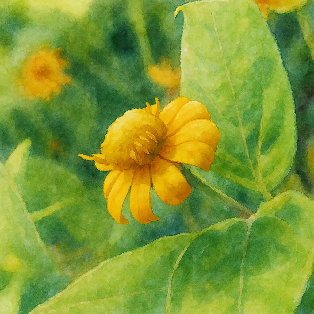 緑の葉に寄り添う黄色いメランポジウムの花を水彩画風に描いたイラスト