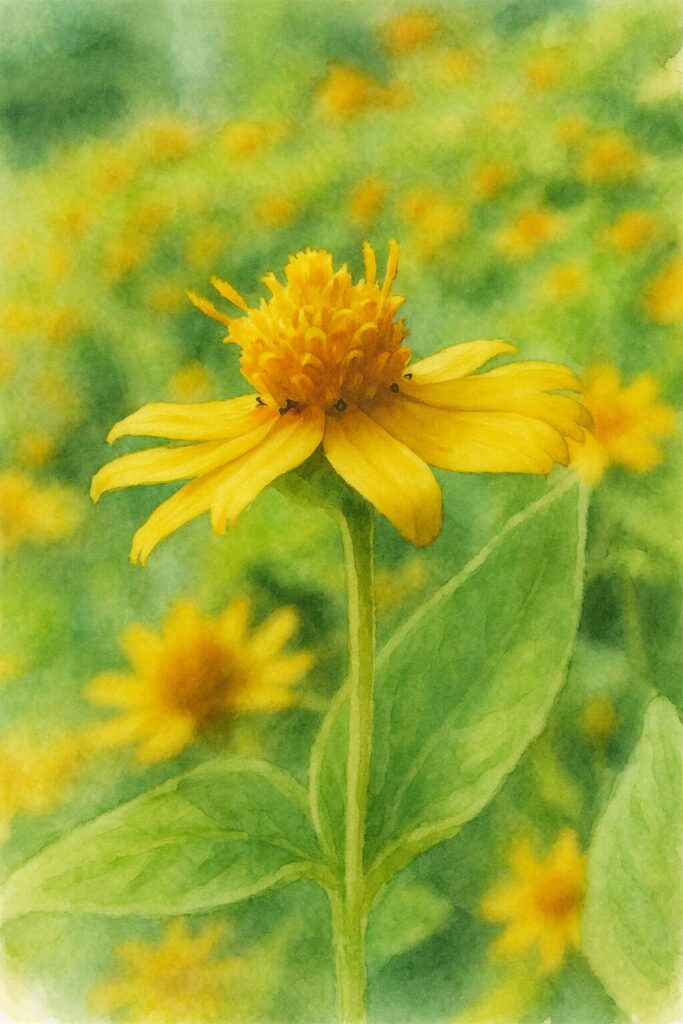 黄花メランポジウムを柔らかな緑背景で描いた水彩画風イラスト