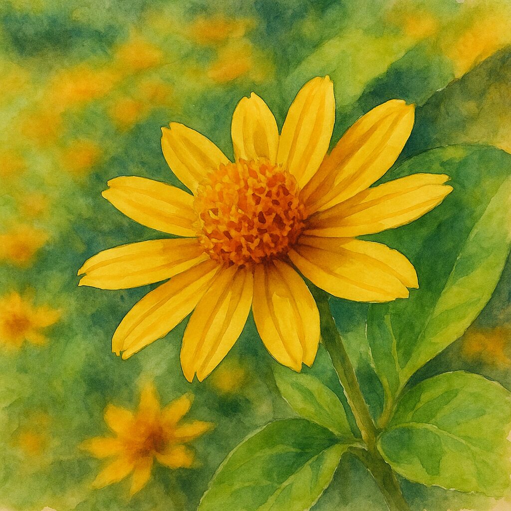 黄花メランポジウムを柔らかなぼかし背景と共に描いた水彩画風イラスト