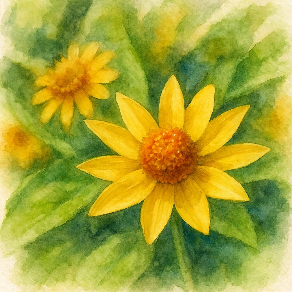 緑の葉を背景に咲くメランポジウムの黄色い花を柔らかなタッチで描いた水彩画風イラスト