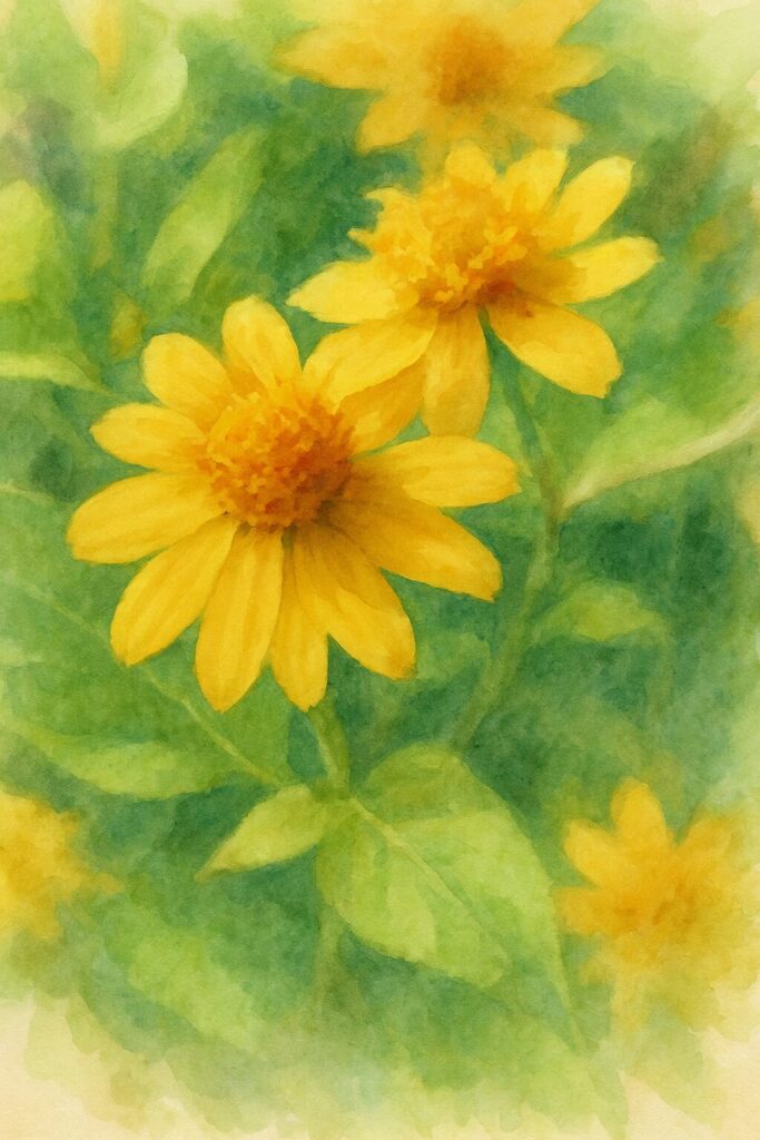 メランポジウムの黄色い花を柔らかなタッチと淡い色合いで描いた水彩画風イラスト
