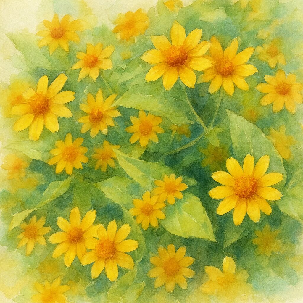 黄色いメランポジウムの花が群生する風景を柔らかな色合いで描いた水彩画風イラスト