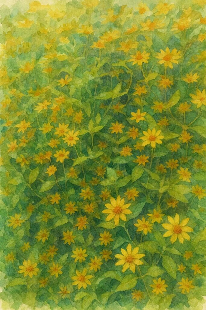 黄色いメランポジウムが群生する風景を柔らかな色彩で描いた水彩画風イラスト